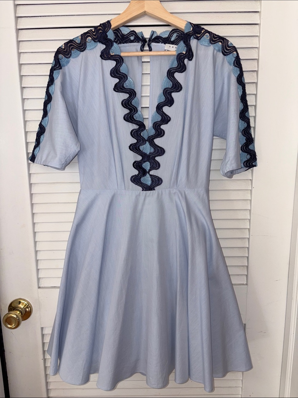 Sandro Light Blue Mini Dress with Navy Scallop Trim
